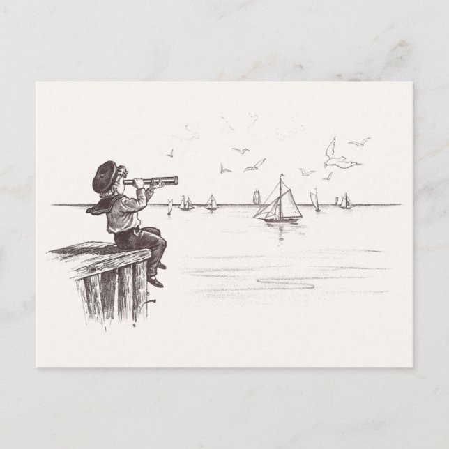 Matrose mit Fernrohr sieht Schoner Postkarte (Vorderseite)