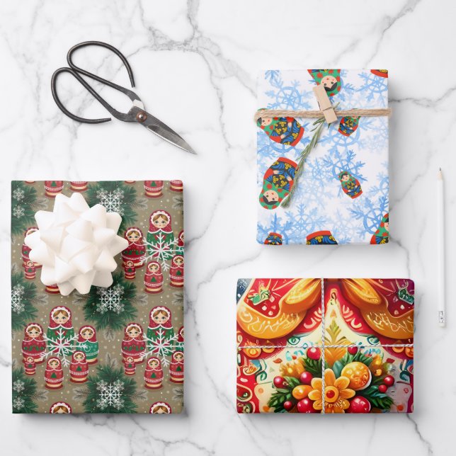 Matryoshka Russische Nesting Puppen Babushka Winte Geschenkpapier Set (Vorderseite)