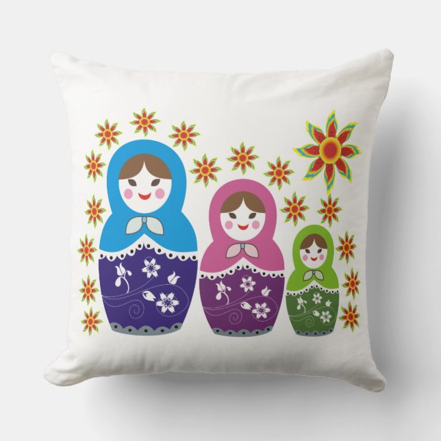 Matryoshka Russische Nistpuppen & Sonnenblumen Kissen (Vorderseite)