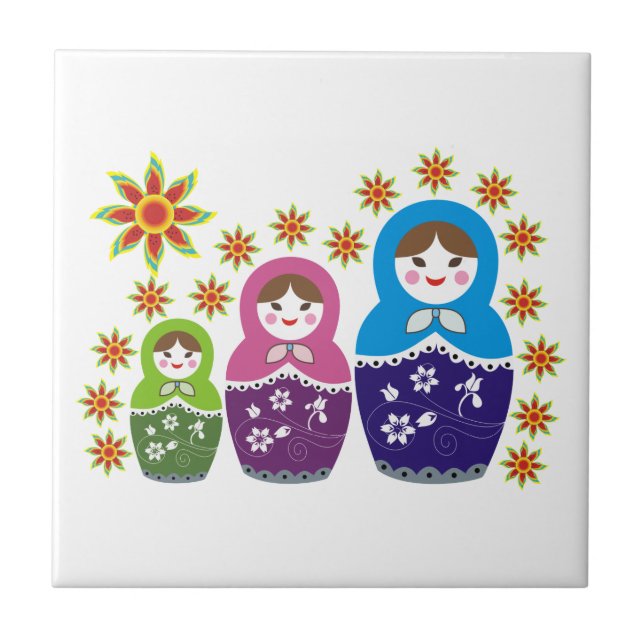 Matryoshka Russische Puppen & Sonnenblumen Fliese (Vorderseite)