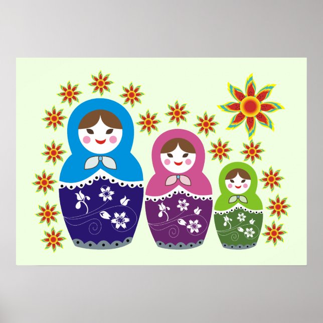 Matryoshka Russische Puppen & Sonnenblumen hellgrü Poster (Vorne)