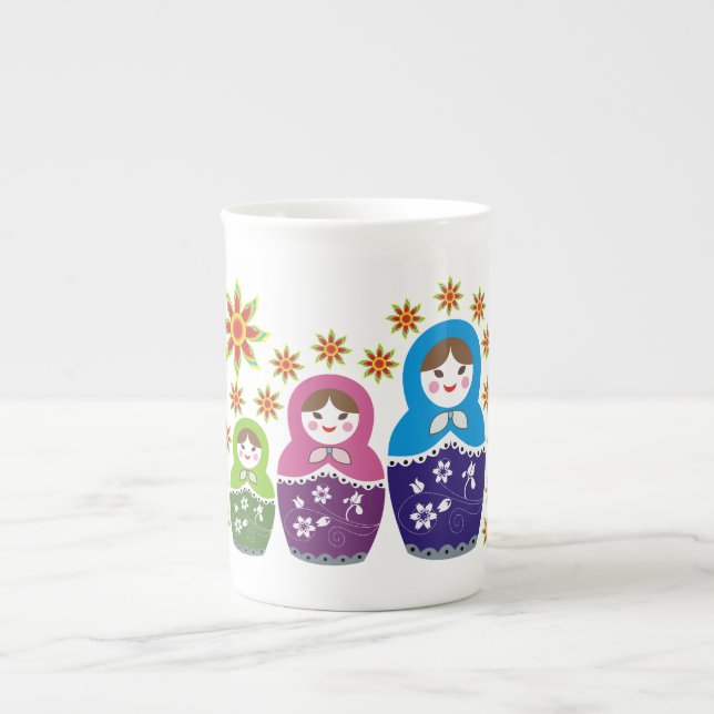 Matryoshka Russische Puppen & Sonnenblumen Prozellantasse (Vorderseite)