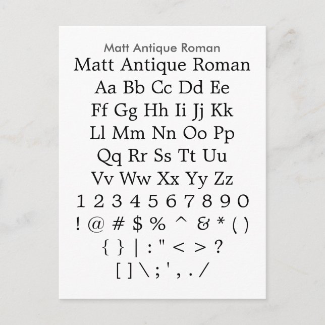 Matt Antique Roman - Zazzle Schriftart Sampler She Postkarte (Vorderseite)