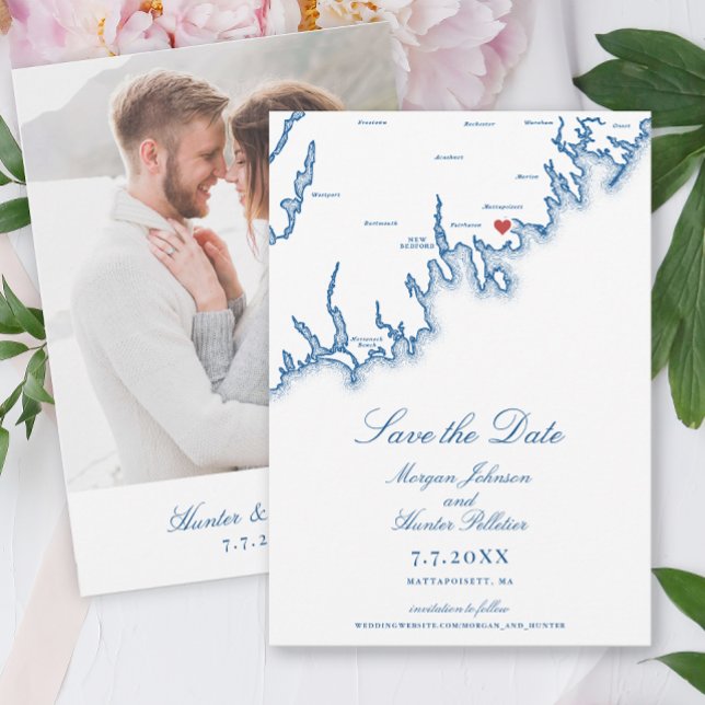 Mattapoisett MA Map Elegant Navy Blue Wedding Save The Date (Mattapoisett MA Wedding Save the Date with Photo in Elegant Navy Blue from Coastal Map Designs)