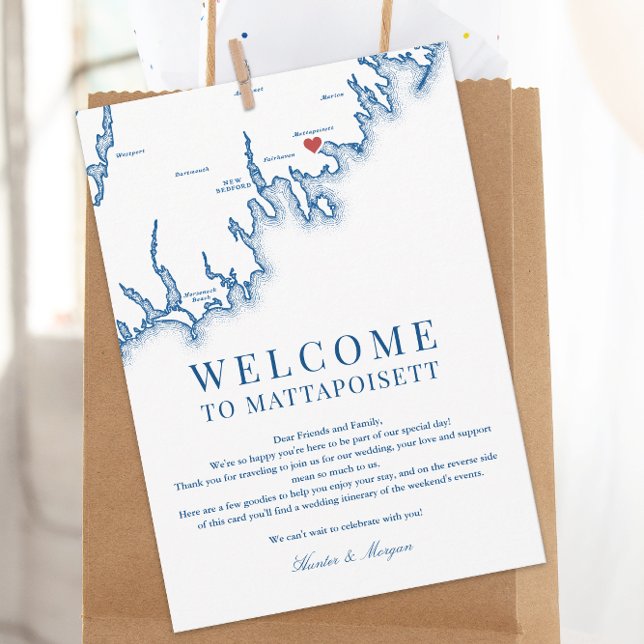 Mattapoisett MA Wedding Welcome Letter Navy Blue Dankeskarte (Mattapoisett Wedding Welcome Letter, Weekend Events Itinerary elegant Navy Blue, Coastal Map Designs)