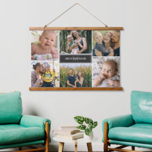 Matte Black Modern 6 Foto Collage & Name Wandteppich Mit Holzrahmen