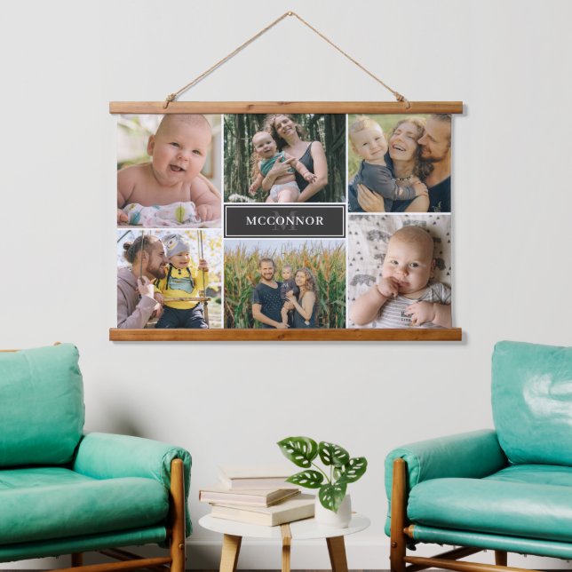 Matte Black Modern 6 Foto Collage & Name Wandteppich Mit Holzrahmen (Wohnzimmer)