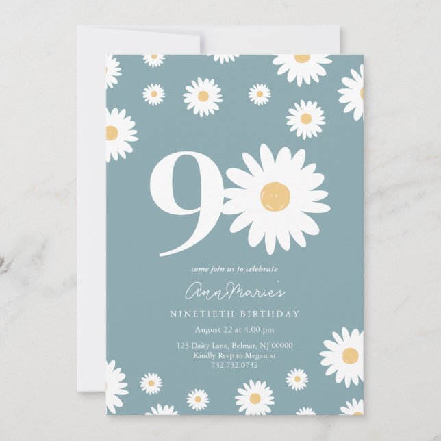 Matte Blue Daisy Einladung zum 90. Geburtstag (Vorderseite)
