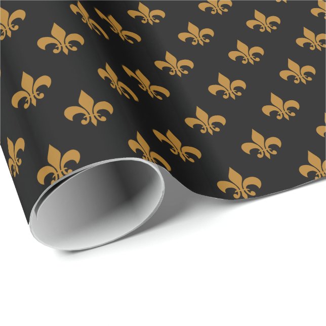 Matte Gold Fleur-de-lis auf Black Geschenkpapier (Rolleneckpunkt)