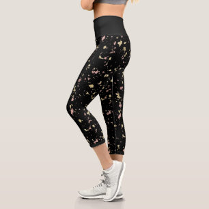 Matte Gold und Rose Gold Flakes Black Capri Leggings