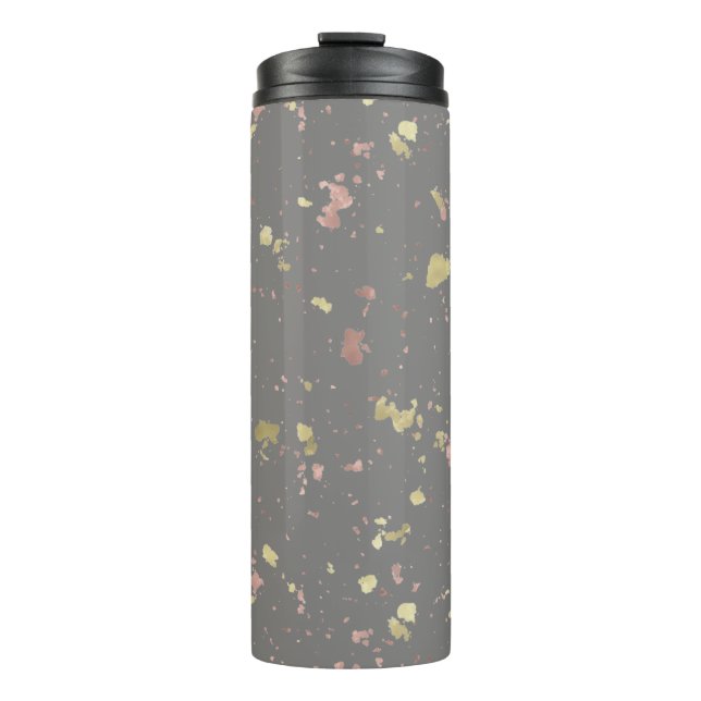 Matte Gold und Rose Gold Flakes Warmes Dunkles Gra Thermosbecher (Vorderseite)