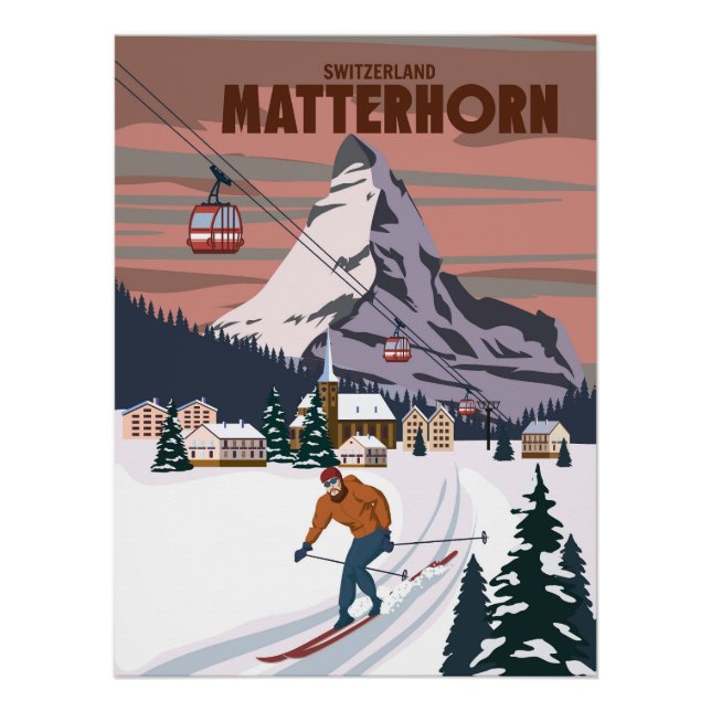 Matterhorn Ski Resort Poster, Retro. Alpes Winter Poster (Vorderseite)