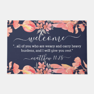Matthew 11:28 Coral Navy Blue Floral Watercolor Fußmatte