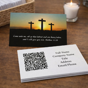 Matthew 11,28 Drei Kreuze Sonnenuntergang QR-Code Visitenkarte