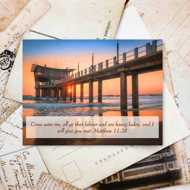Matthew 11:28 Sunset Pier gut machen Postkarte (Matthew 11:28 Ocean Sunset Pier Get Well Soon Postcard)
