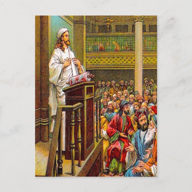 Matthew 13:53-58 Jesus lehrt in der Synagoge po Postkarte (Vorderseite)