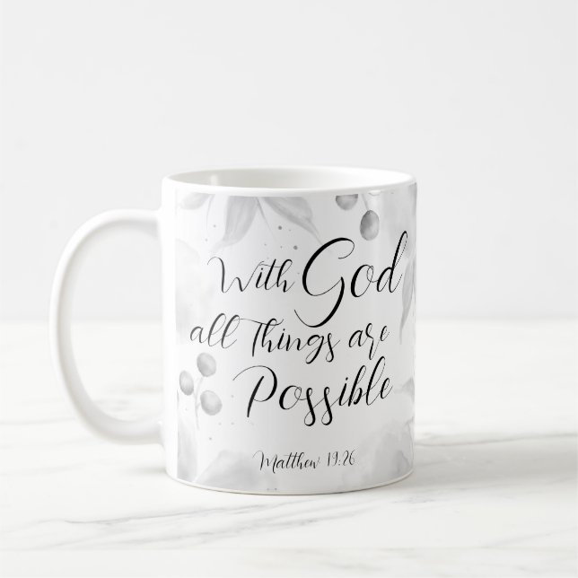Matthew 19:26 Moderne Schwarz-weiße Aquarellblume Kaffeetasse (Links)