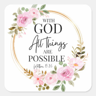 Matthew 19:26 Möglich mit Gott Pink Floral Quadratischer Aufkleber