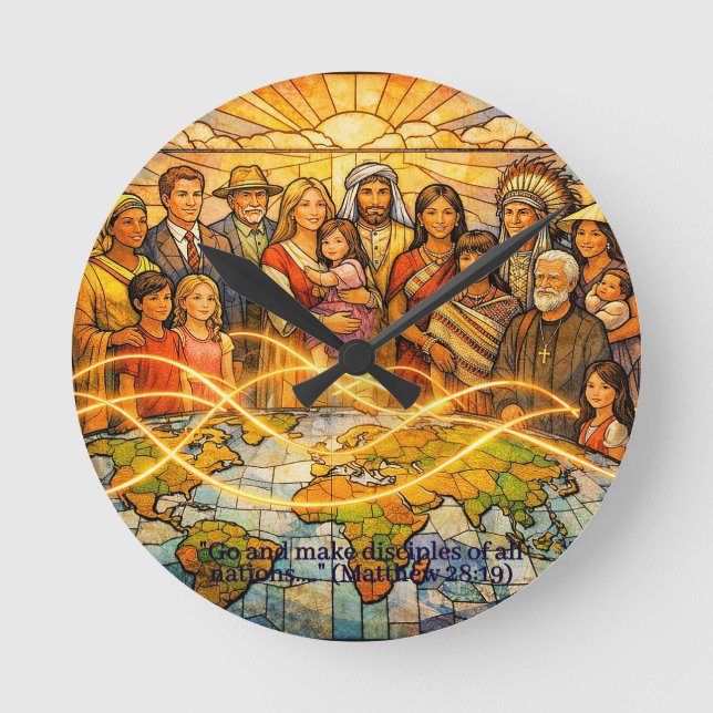 Matthew 28:19 Stained‑Glass Discipleship Clock Runde Wanduhr (Vorderseite)