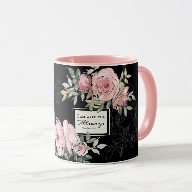 Matthew 28:20 Ich bin bei Ihnen immer rosa Blume Tasse (VorderseiteRechts)