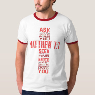 Matthew 7:7 Bible Verse Cross Herren Ringer T-Shirt