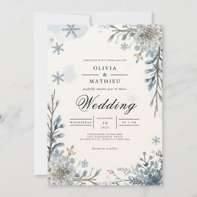 Mattiert Blue Winter Bloom Wedding Einladung (Vorderseite)