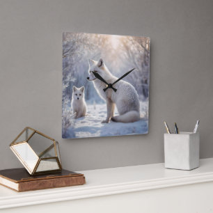 "Mattierte Anleihen: The Arctic Fox and their Cub" Quadratische Wanduhr
