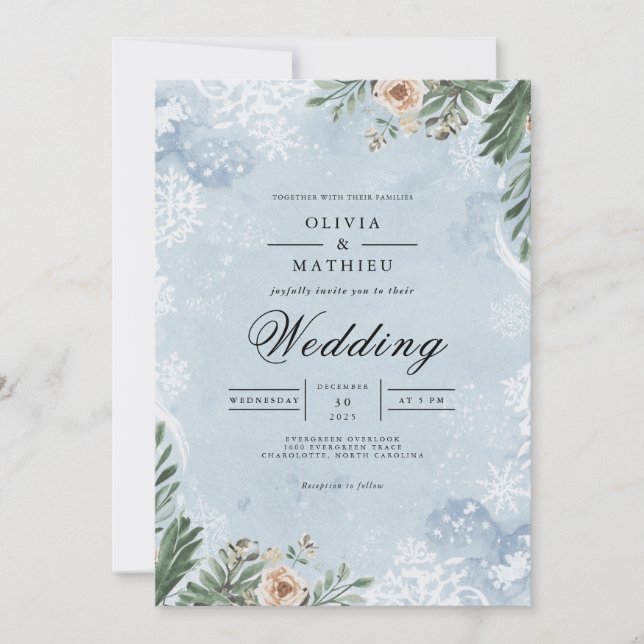Mattierte botanische Winterhochzeit Einladung (Vorderseite)