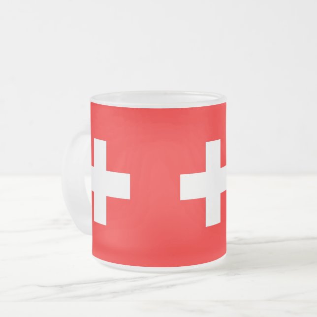 Mattierte kleine Tasse aus Glas mit Schweizer Flag (Vorderseite Links)
