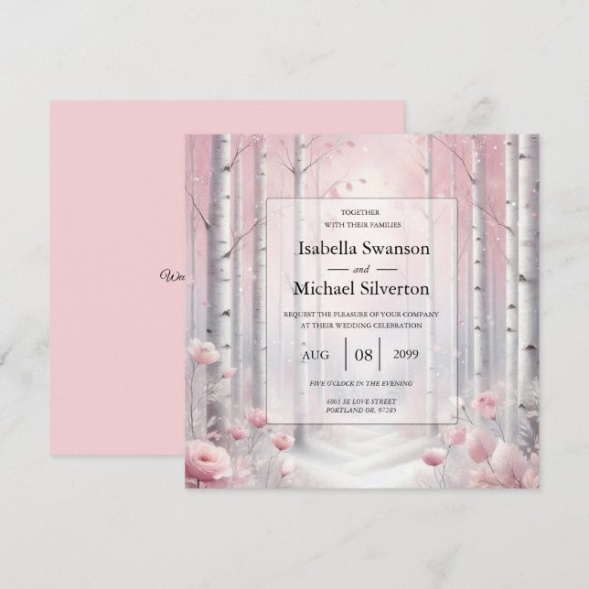 Mattierte Petals bei einer Winterwoodlandhochzeit Einladung (Vorne/Hinten)