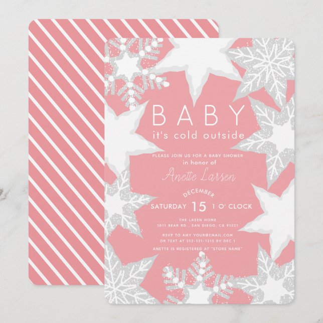 Mattierte Schneeflocken Pink Winter Baby Dusche Einladung (Vorne/Hinten)