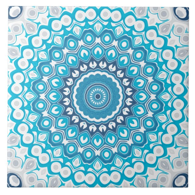 Mattierte Wintergeometrie in Blau und Weiß Mandala Fliese (Vorderseite)