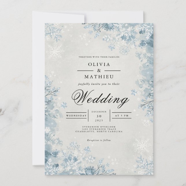 Mattierter blauer Winter blüht Hochzeit Einladung (Vorderseite)