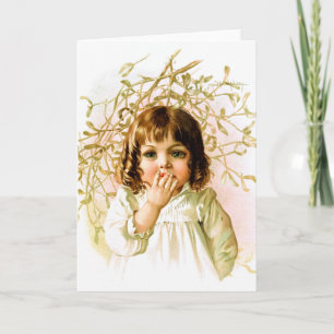 Maud Humphrey: Winter-Mädchen unter Mistelzweig Feiertagskarte