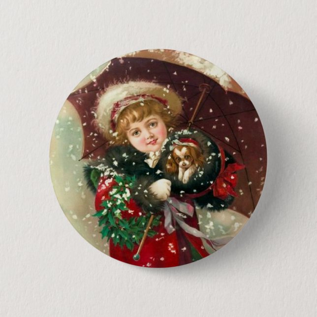 Maud Humphreys Winter-Mädchen mit Hund Button (Vorderseite)