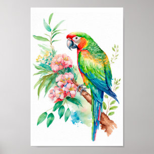 Mauerwerk Macaw Parrot mit tropischen Blume Poster