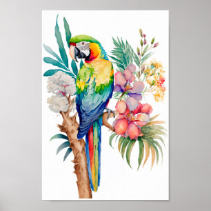 Mauerwerk Macaw Parrot mit tropischen Blume Poster