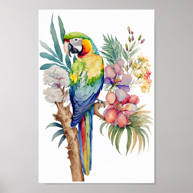 Mauerwerk Macaw Parrot mit tropischen Blume Poster (Vorne)
