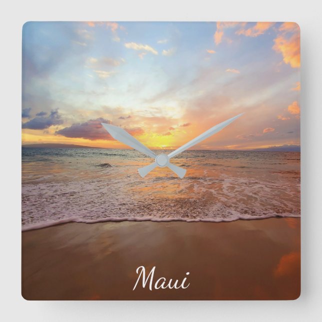 Maui Beach Sunset Acrylic Wall Clock Quadratische Wanduhr (Vorderseite)