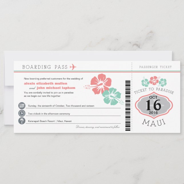 Maui Hawaii Hibiskus Boarding Pass Wedding Einladung (Vorderseite)