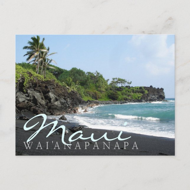 Maui Wai'anapanapa schwarzer Sandstrand Text Postk Postkarte (Vorderseite)