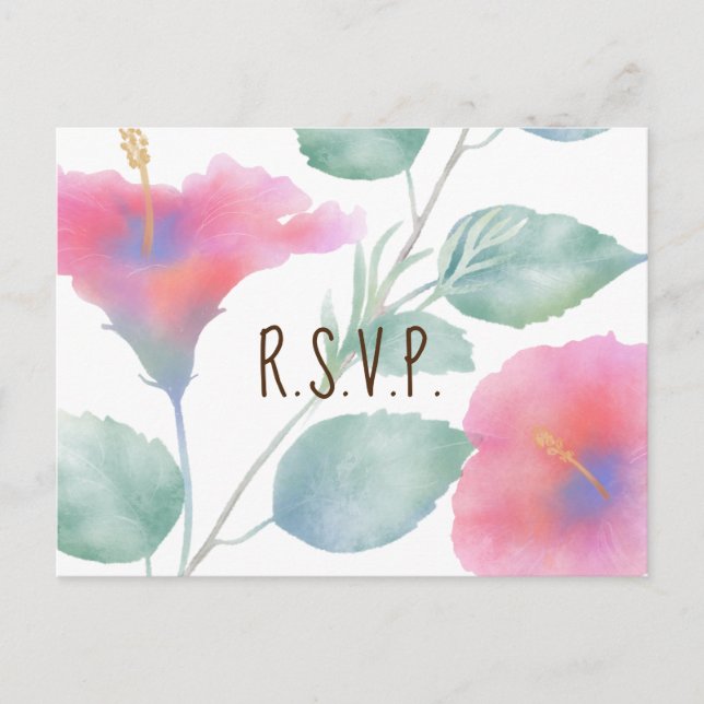 Maui Wedding RSVP Card Watercolor Hibisken Einladungspostkarte (Vorderseite)