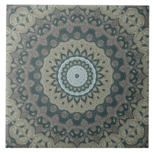 Maulwurfsgrau und Blaugrün Mandala mit Stammes-Sym Fliese