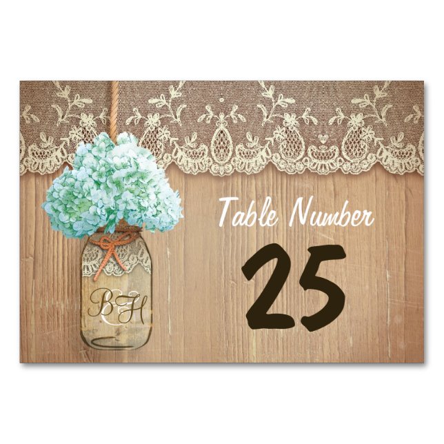 Maurerjar und Hydrangea rustikale Tischnummer (Vorderseite)