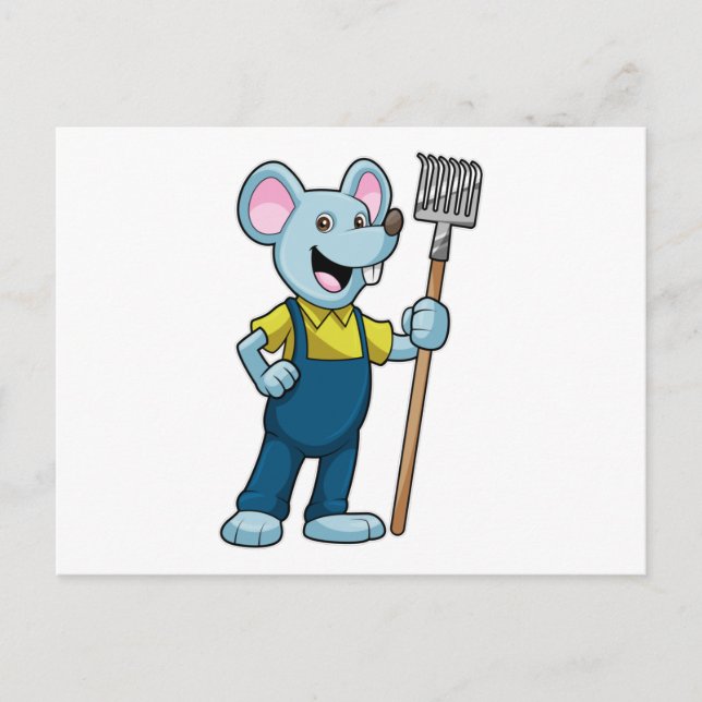 Maus als Bauer mit Rechen Postkarte (Vorderseite)