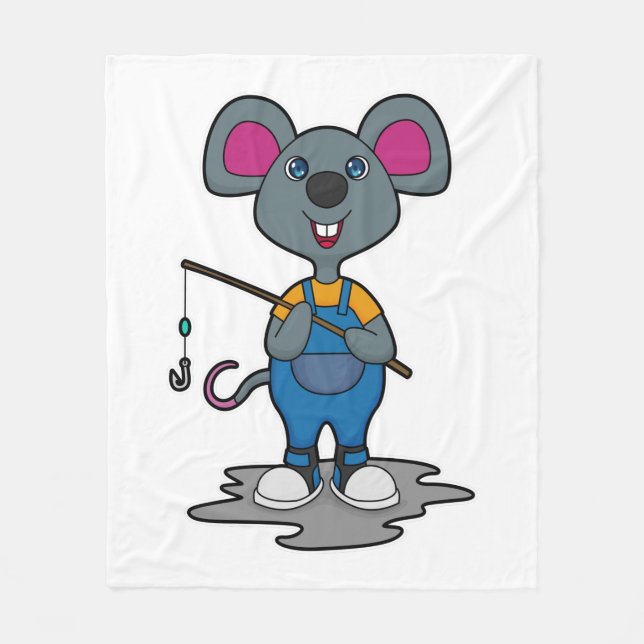 Maus als Fisher mit Angelrute Fleecedecke (Vorderseite)
