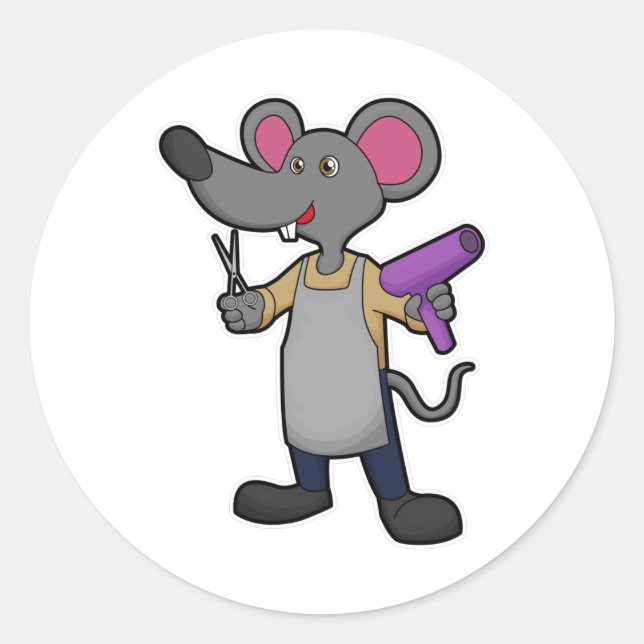 Maus als Friseur mit Schere & Haartrockner Runder Aufkleber (Vorderseite)