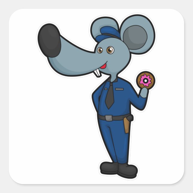 Maus als Polizeibeamter mit Donut Quadratischer Aufkleber (Vorderseite)