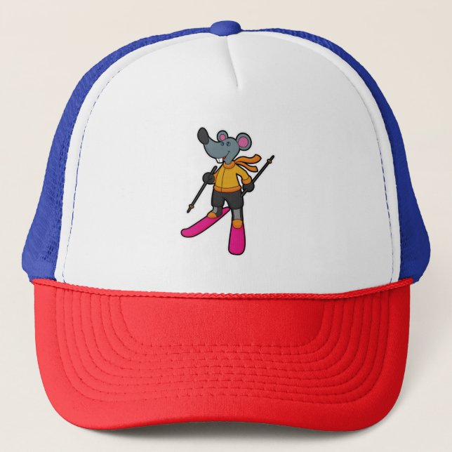 Maus als Skifahrer mit Ski Truckerkappe (Vorderseite)