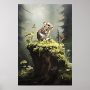 Maus auf Baumstumpf in Waldwand-Druck, dunkle Akad Poster